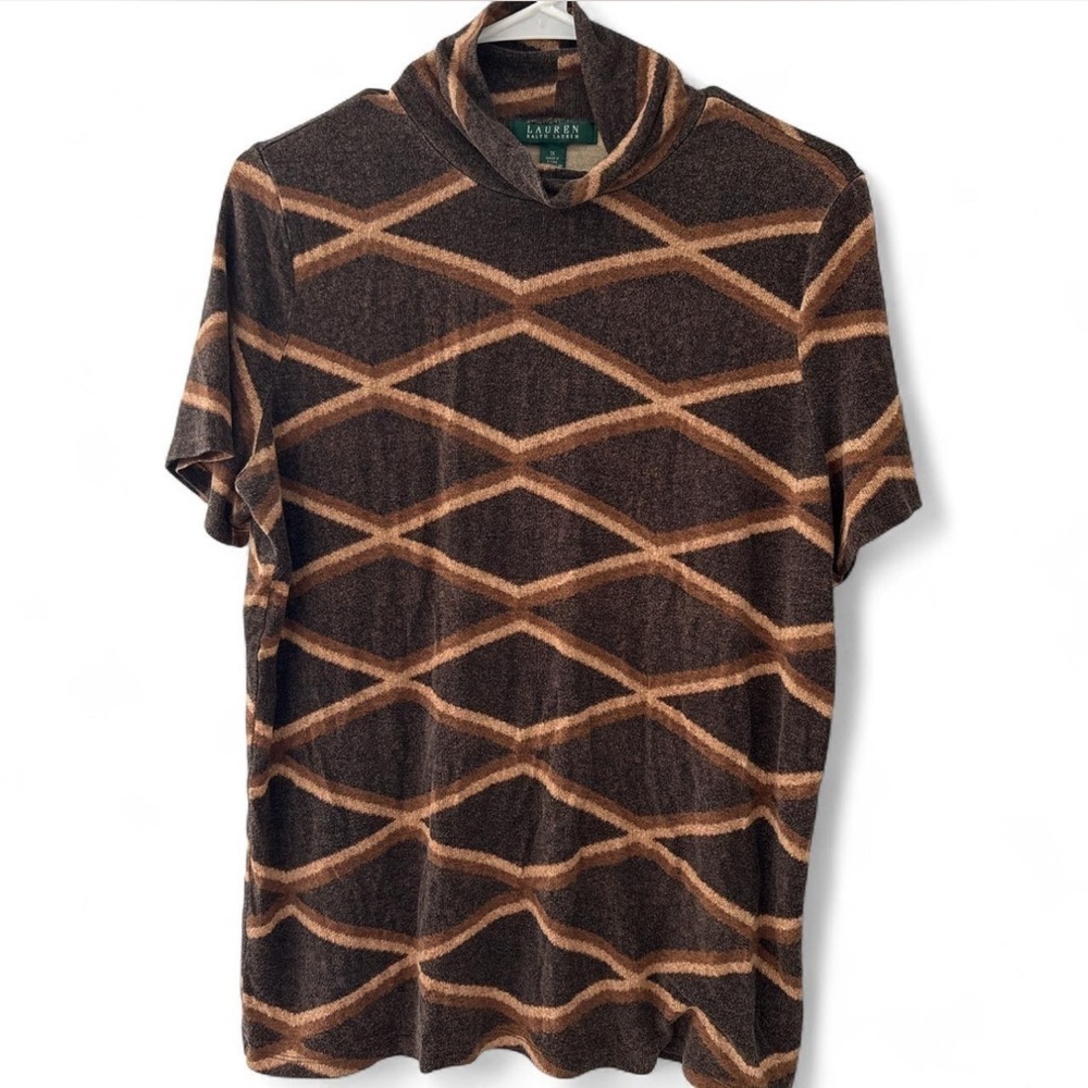 Lauren Ralph Lauren Women’s Brown Diamond Print Stretch Jersey Top Turtleneck 1X